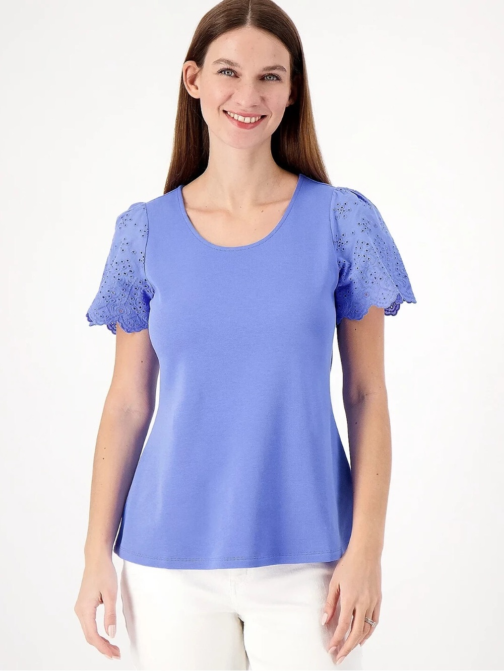 Plus size Isaac Mizrahi Live! knit swing top in Blue Tide. 3XL